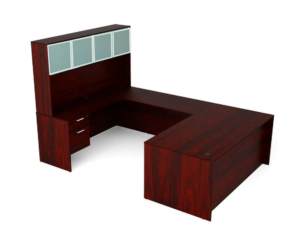 Tiger Mahogany Executive U-Shape Desk With Aluminum Door Hutch