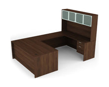 Load image into Gallery viewer, Walnut Executive U-Shape Desk With Aluminum Door Hutch
