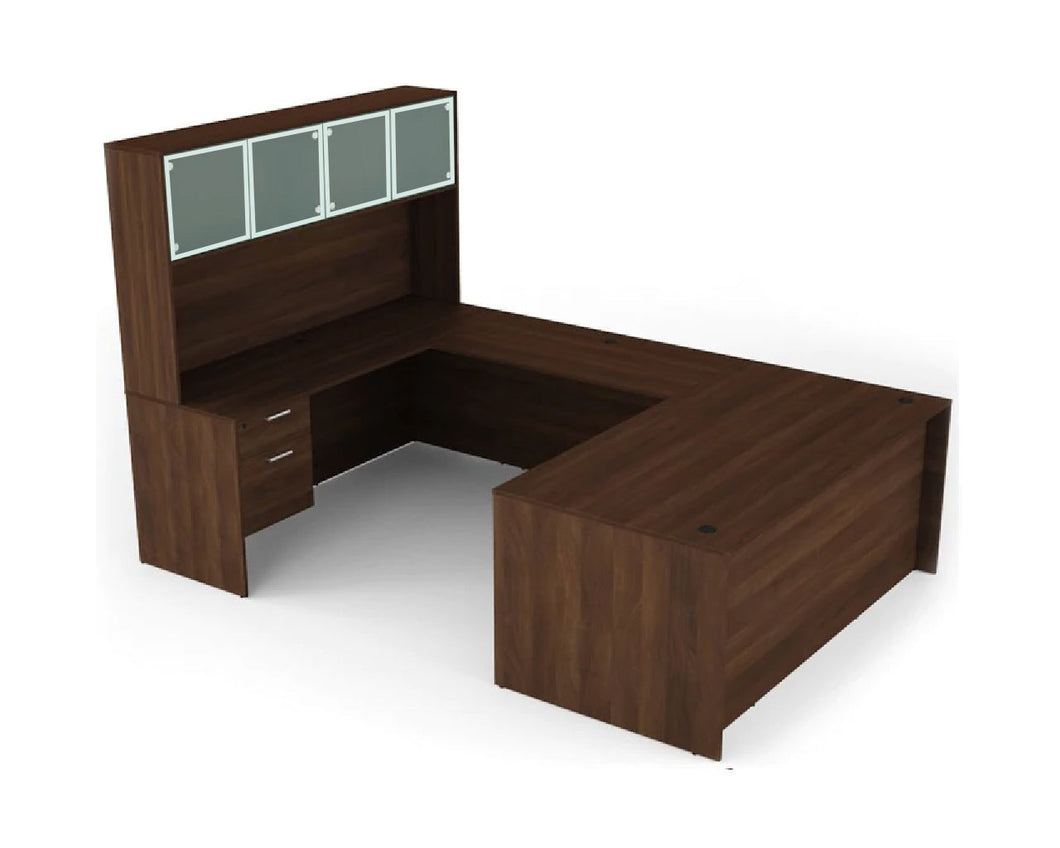 Walnut Executive U-Shape Desk With Aluminum Door Hutch